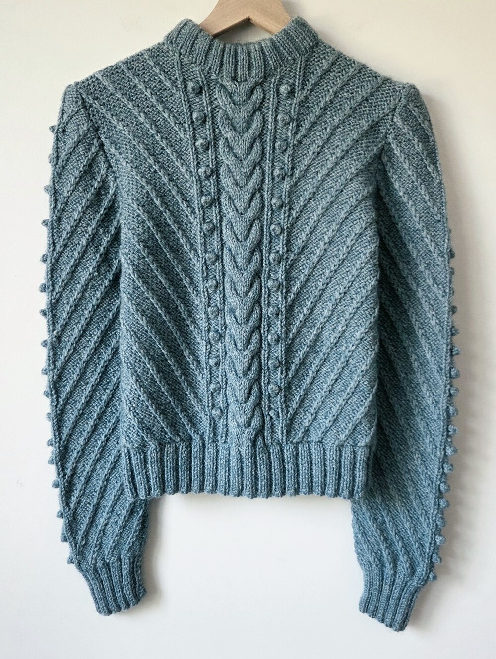 Hand Knit Blue Chunky Wool Sweater Cable Bobble Crop Mock Neck Womens Small - Picture 2 of 6